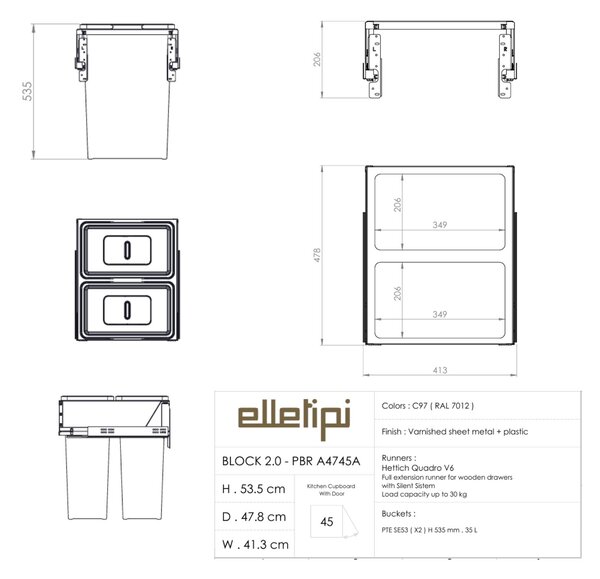 Vestavný odpadkový koš Elletipi BLOCK 2.0 - výsuvný, 35+35 L, PBR A4745A