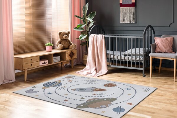 Makro Abra Dětský kusový koberec BONO 8288 Vesmír Planety pratelný krémový antracitový Rozměr: 80x150 cm