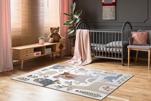 Makro Abra Dětský kusový koberec BONO 8425 Sova Jelen Medvěd Liška pratelný krémový hnědý Rozměr: 180x270 cm
