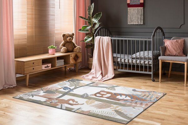 Makro Abra Dětský kusový koberec BONO 8426 Džungle Tygr Opice Tukan pratelný krémový tmavě zlatý Rozměr: 80x150 cm