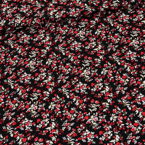 Viskózový úplet 4577/01, červeno-bílé květinky na černé, š.150cm (látka v metráži)