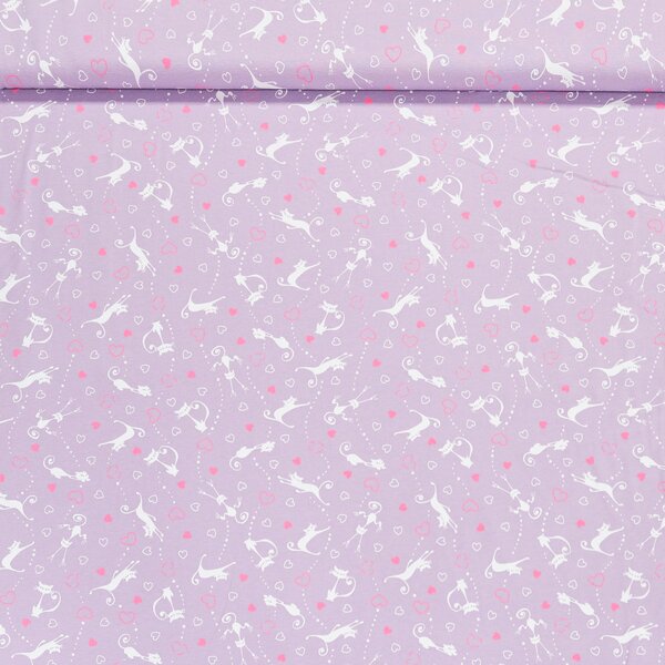 Bavlněný úplet dětský 6610/01, kočky a srdíčka na fialkové, š.180cm (látka v metráži)