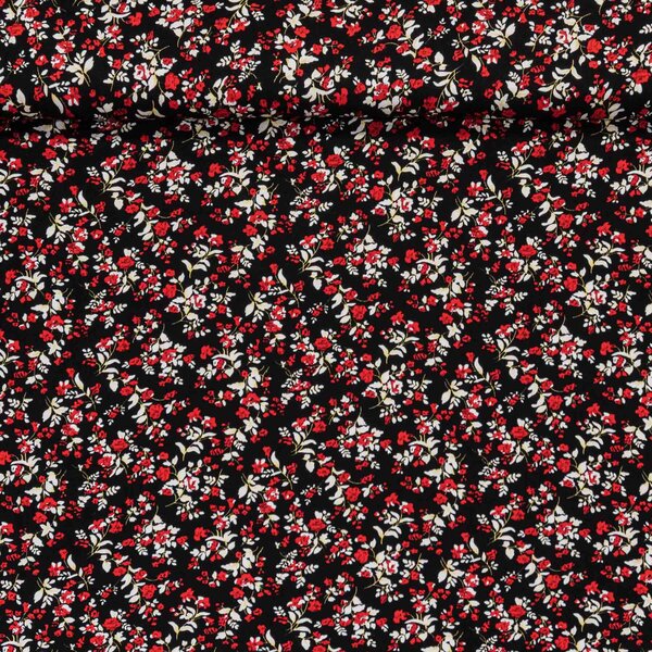 Viskózový úplet 4577/01, červeno-bílé květinky na černé, š.150cm (látka v metráži)
