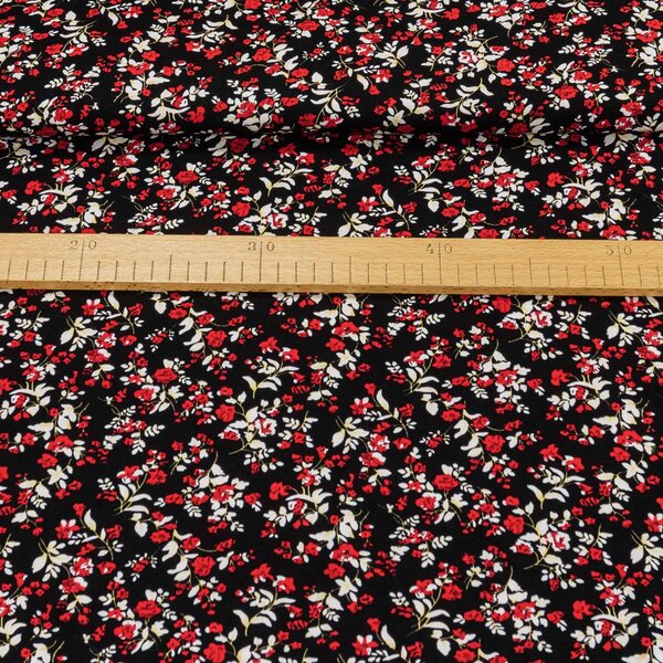 Viskózový úplet 4577/01, červeno-bílé květinky na černé, š.150cm (látka v metráži)