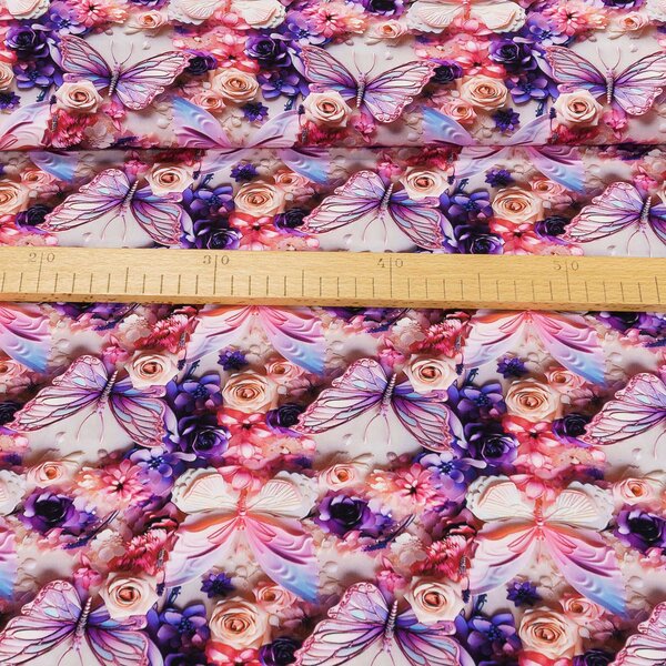 Šatovka viskózová 8958 563-12 DIGITÁLNÍ TISK, fialoví a růžoví motýli s květinami, š.150cm (látka v metráži)