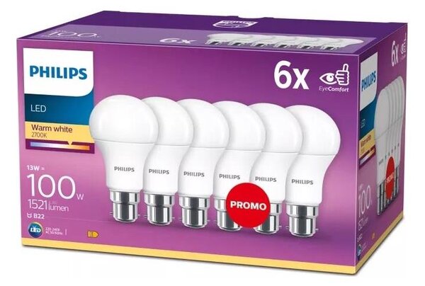 SADA 6x LED Žárovka Philips A60 B22/13W/230V 2700K