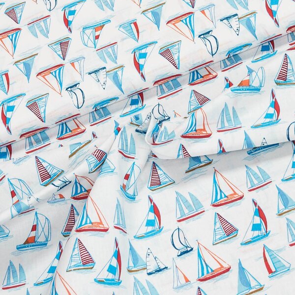 Bavlněné plátno POLO, MODRÉ JACHTY na bílé, š.140cm (látka v metráži)