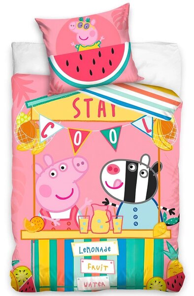 Carbotex povlečení PRASÁTKO PEPINA (PEPPA) LIMONÁDOVÝ STÁNEK, růžové, bavlna hladká, 140x200cm + 70x90cm