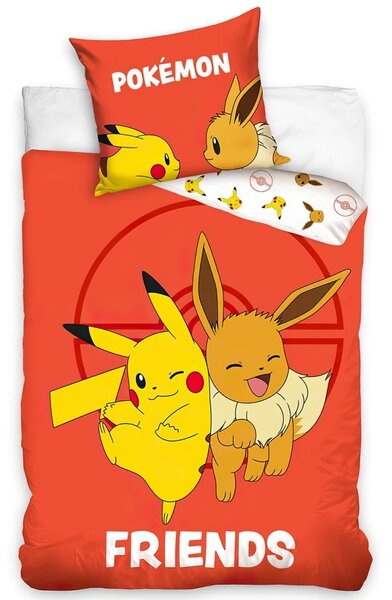 Carbotex dětské povlečení POKÉMON EEVE A PIKACHU, červené, bavlna hladká, 140x200cm + 70x90cm