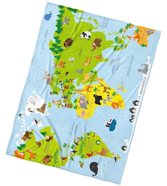 BedTex Dětská deka z mikrovlákna (coral fleece) MAPA ZVÍŘAT, modrá, 150x200cm