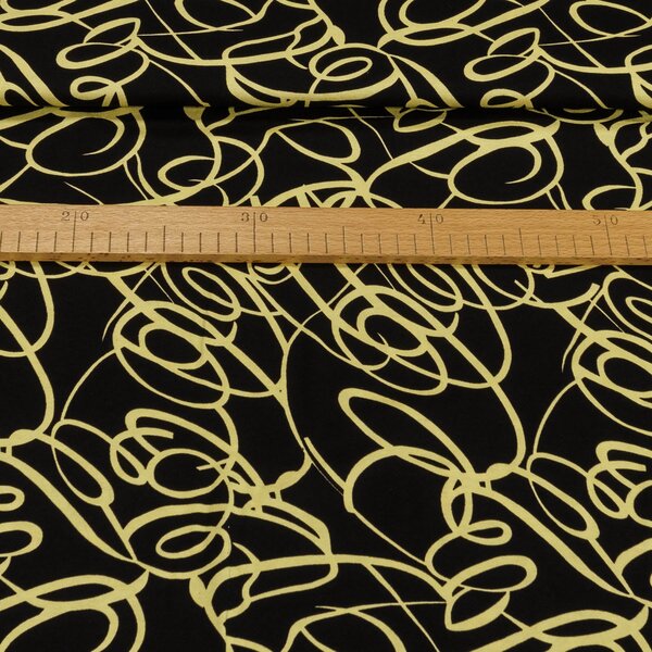 Viskózový úplet 18397/313, žluté krucánky / smyčky na černé, š.150cm (látka v metráži)