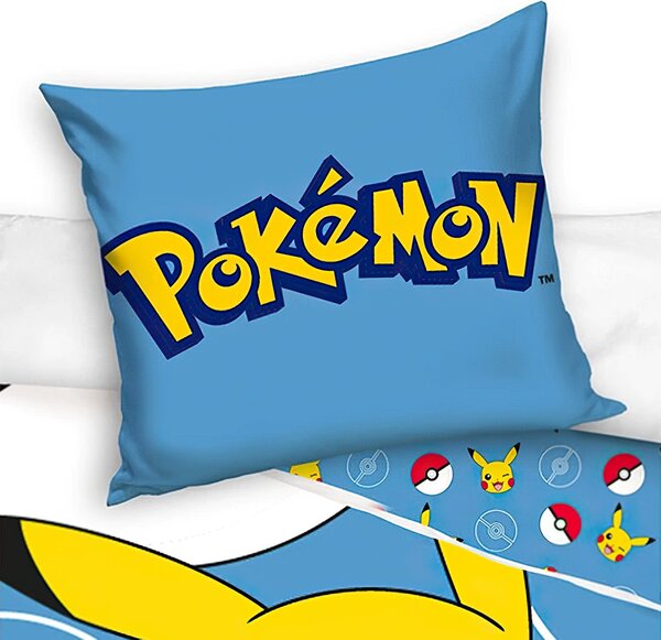 Carbotex dětské povlečení POKÉMON PIKACHU A POKÉBALL, modré, bavlna hladká, 140x200cm + 70x90cm