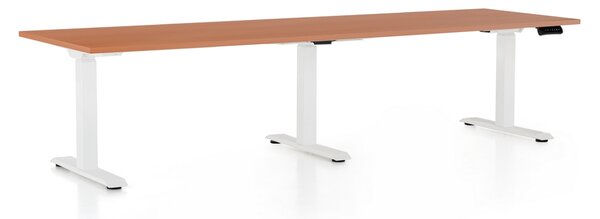 Výškově nastavitelný stůl OfficeTech Long, 260 x 80 cm, bílá podnož, třešeň