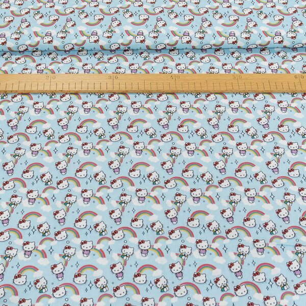 Bavlněné plátno dětské 7023, HELOO KITTY a duha na modré, š.150cm (látka v metráži)