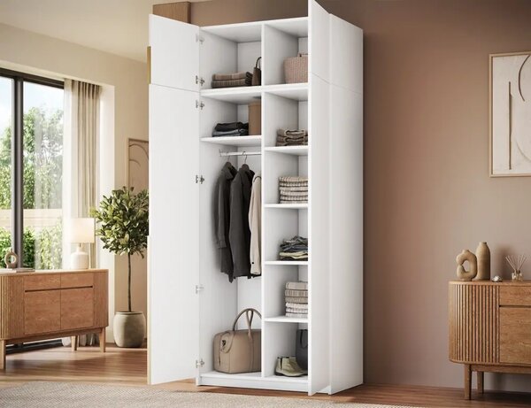 Bregma II s nástavcem Skříň s otočnými dveřmi bílá (kód WG) (100 x 250) cm – 8 polic pro přehledné uložení
