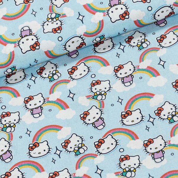 Bavlněné plátno dětské 7023, HELOO KITTY a duha na modré, š.150cm (látka v metráži)