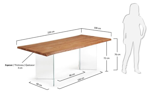 Dubový jídelní stůl Kave Home Lotty 220 x 100 cm se skleněnou podnoží