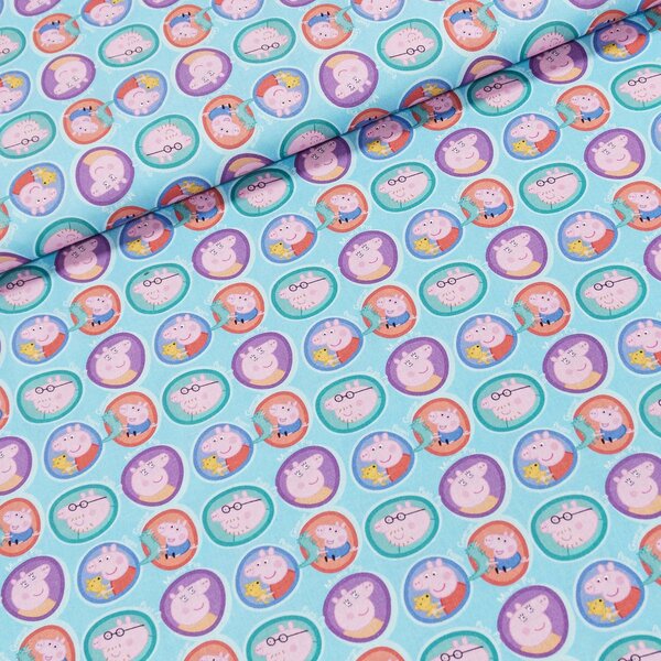 Bavlněné plátno dětské 7016, PRASÁTKO PEPINA (Peppa) na modré, š.150cm (látka v metráži)