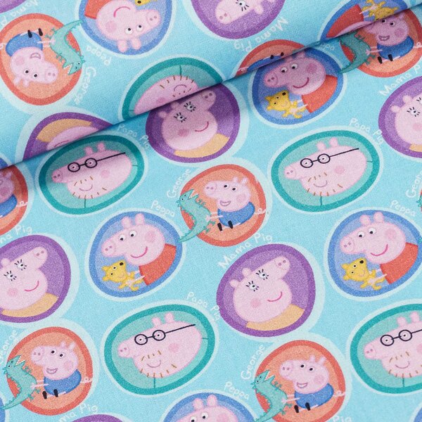 Bavlněné plátno dětské 7016, PRASÁTKO PEPINA (Peppa) na modré, š.150cm (látka v metráži)