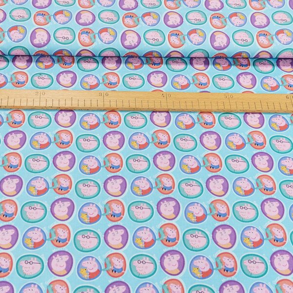 Bavlněné plátno dětské 7016, PRASÁTKO PEPINA (Peppa) na modré, š.150cm (látka v metráži)