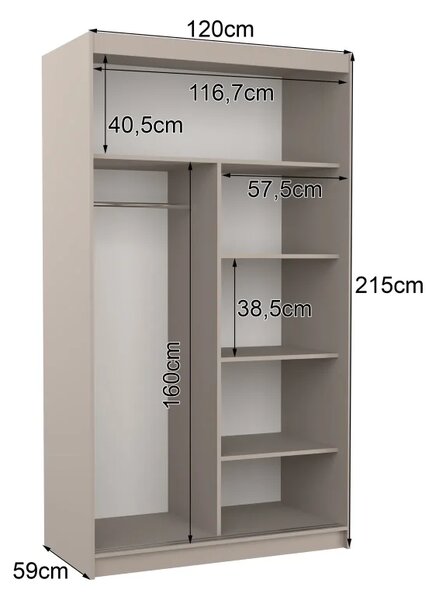 Posuvná skříň se zrcadlem ESTI 120 kašmír (120 x 215) cm – 4 police pro přehledné uložení