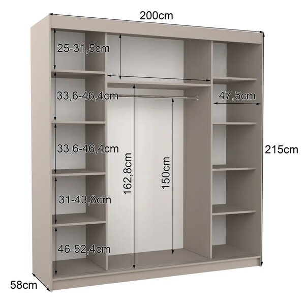 Posuvná skříň se zrcadlem SANTIAGO 200 kašmír (200 x 215) cm – 11 polic pro přehledné uložení