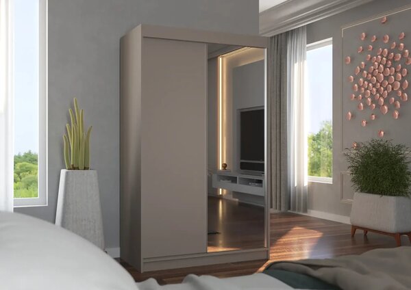 Posuvná skříň se zrcadlem REWENA 120 kašmír (120 x 200) cm – 6 polic pro přehledné uložení