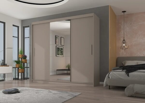 Posuvná skříň se zrcadlem ERWIN 235 kašmír (235 x 215) cm – 5 polic pro přehledné uložení