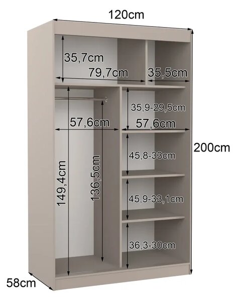 Posuvná skříň COLLIN 120 kašmír (120 x 200) cm – 6 polic pro přehledné uložení