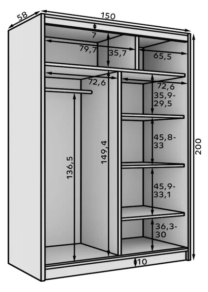 Posuvná skříň Calma 150 bílá (150 x 200) cm – 6 polic pro přehledné uložení