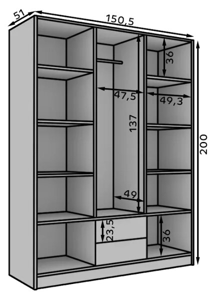 Skříň Neri 150 se zrcadly černá (150,5 x 200) cm – 5 polic pro přehledné uložení