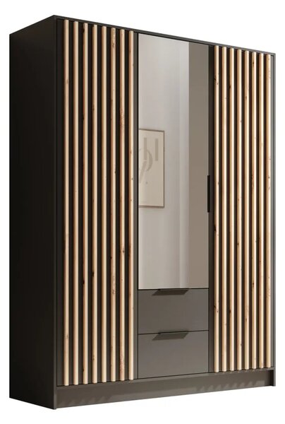 Skříň Neri 150 se zrcadly černá (150,5 x 200) cm – 5 polic pro přehledné uložení