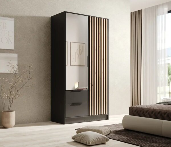 Skříň Neri 100 se zrcadly černá (102 x 200) cm – 5 polic pro přehledné uložení