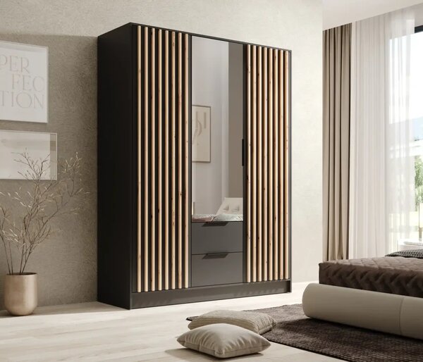 Skříň Neri 150 se zrcadly černá (150,5 x 200) cm – 5 polic pro přehledné uložení