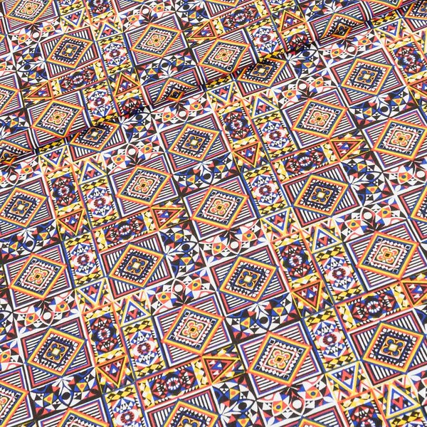 Bavlněné plátno EMA geometrický vzor, modro-oranžový, š.140cm (látka v metráži)