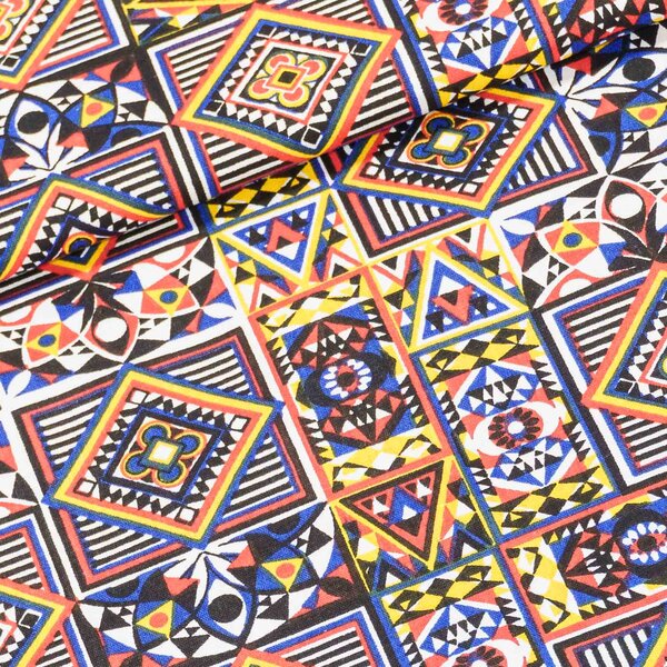 Bavlněné plátno EMA geometrický vzor, modro-oranžový, š.140cm (látka v metráži)
