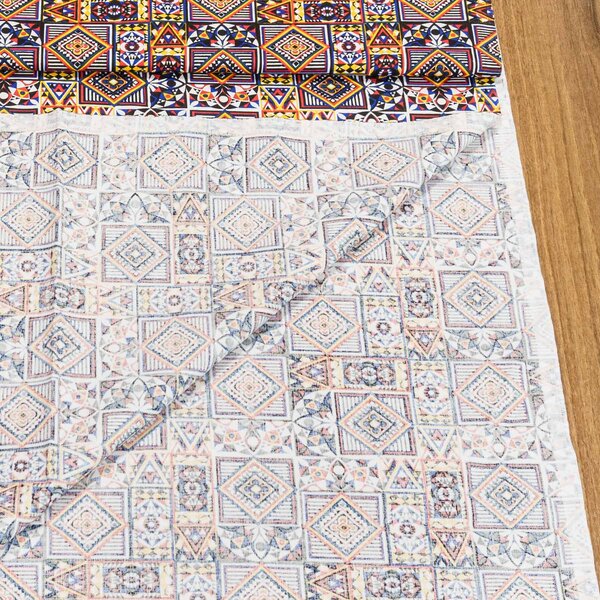 Bavlněné plátno EMA geometrický vzor, modro-oranžový, š.140cm (látka v metráži)