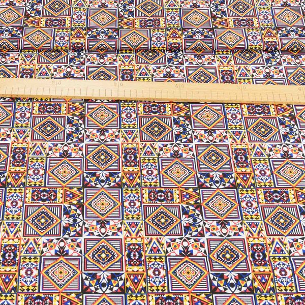 Bavlněné plátno EMA geometrický vzor, modro-oranžový, š.140cm (látka v metráži)