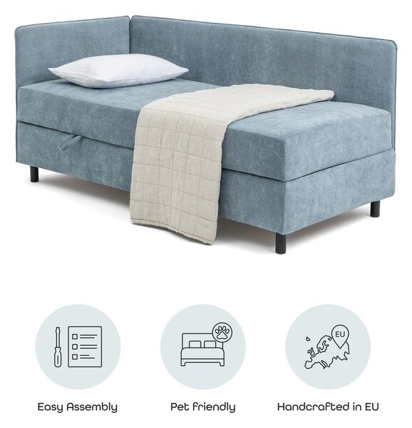 Modrá čalouněná jednolůžková postel s úložným prostorem s matrací 90x200 cm Avela – Bonami Selection