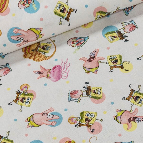 Bavlněné plátno dětské 7028, SPONGE BOB na bílé, š.150cm (látka v metráži)