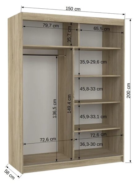 Skříň posuvná se zrcadlem PERMO 150 bílá (150 x 200) cm – 6 polic pro přehledné uložení