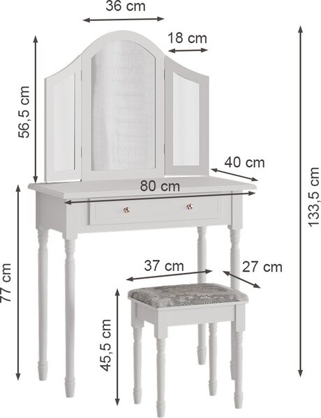 Toaletní stolek Vicco Kate Bílá 80 cm se zrcadlem a stoličkou, Model 39552