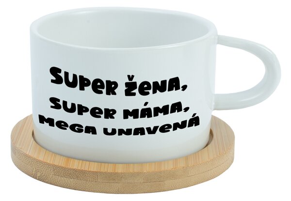 SUPER ŽENA, SUPER MÁMA, MEGA UNAVENÁ. - bílý hrníček makronka 200 ml