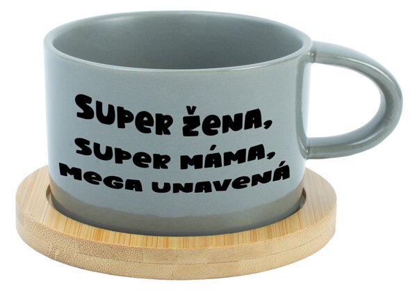 SUPER ŽENA, SUPER MÁMA, MEGA UNAVENÁ. - šedý hrníček makronka 200 ml