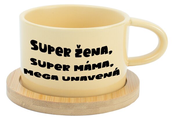 SUPER ŽENA, SUPER MÁMA, MEGA UNAVENÁ. - žlutý hrníček makronka 200 ml