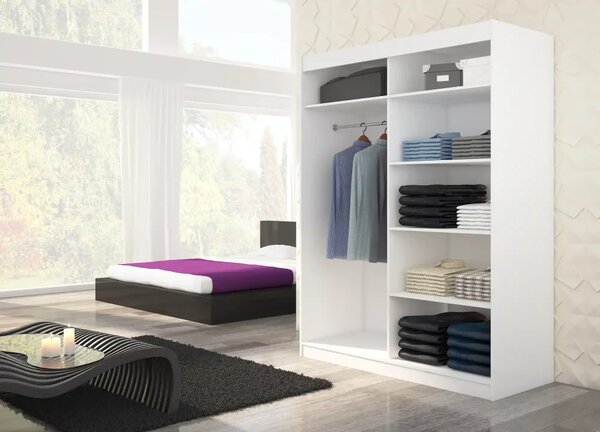 Skříň posuvná se zrcadlem PERMO 150 bílá (150 x 200) cm – 6 polic pro přehledné uložení