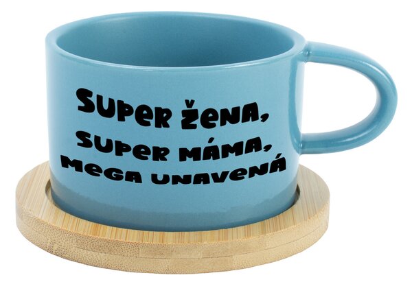 SUPER ŽENA, SUPER MÁMA, MEGA UNAVENÁ. - modrý hrníček makronka 200 ml