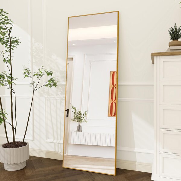 Zrcadlo Moonbite Standspiegel, rozměry 164x54 cm – úzké obdélníkové provedení se zlatým rámem, celotělové, možnost umístění na podlaze nebo zavěšení, materiál: hliník, barva: zlato