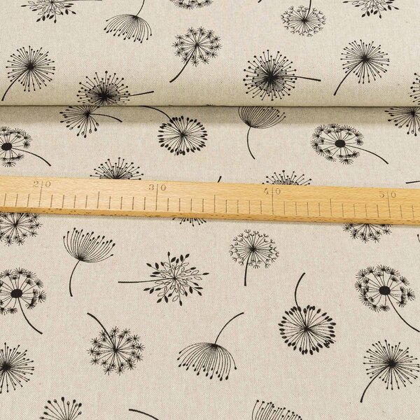 Směsové plátno CALIPSO BLOOM, černé chmýří pampelišky na režné, š.140cm (látka v metráži)