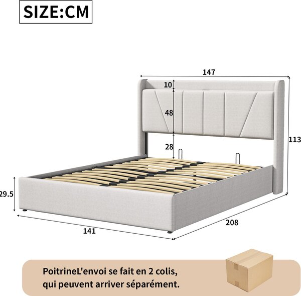 Manželská postel 140 x 200 cm s připojením USB a úložným prostorem, s čelem, béžová barva